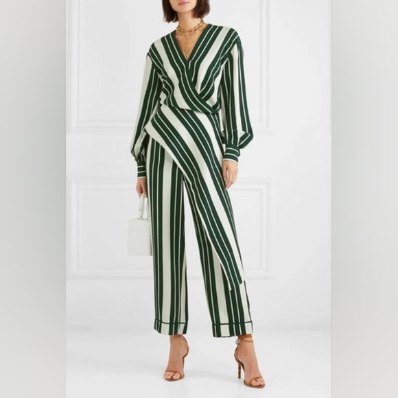 $1,790 OSCAR DE LA RENTA GREEN STRIPE ASYMMETRIC SACH CREPE BLOUSE US 0 - Picture 1 of 7